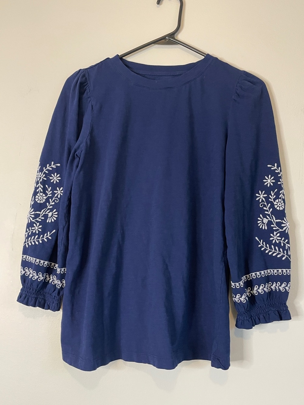 St. John's Bay Navy Long Sleeve Top with White Floral Sleeve Embroidery